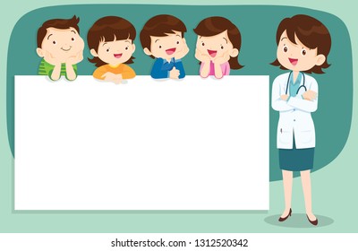 Doctor and children holding blank signs presentation.children and banner.Boy and Girl pointing blank papers illustration.
