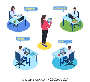 Doctor choice by rating isometric vector illustration isolated with woman looking for best medical doctor online. Stars doctors ratings on healthcare website, mobile app. Digital medicine concept.