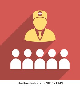 Doctor Class long shadow vector icon. Style is a light flat symbol on a red square button.