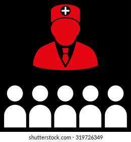 Doctor Class vector icon. Style is bicolor flat symbol, red and white colors, rounded angles, black background.