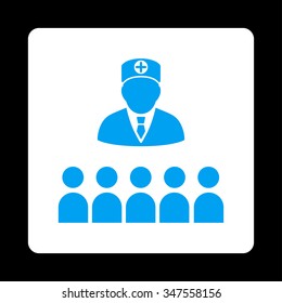Doctor Class vector icon. Style is flat rounded square button, blue and white colors, black background.
