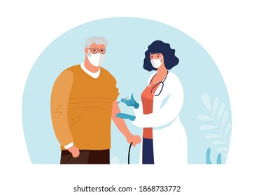 A Doctor In A Clinic Giving A Coronavirus Vaccine To An Elderly Man, Concept Illustration For Immunity Health. Immunization Of Adults, Covid Vaccine. Flat Illustration Isolated On White Background