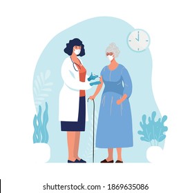 Doctor in clinic giving coronavirus vaccine to an elderly woman, conceptual illustration for immunity health. Adult immunization, covid vaccine. Flat illustration isolated on white background