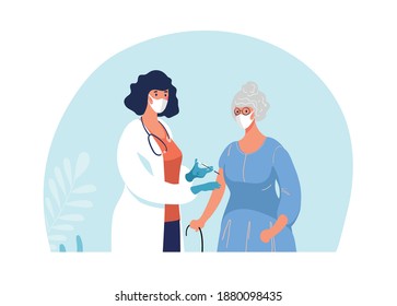 Doctor In Clinic Giving Coronavirus Vaccine To An Elderly Woman, Conceptual Illustration For Immunity Health. Adult Immunization, Covid Vaccine. Flat Illustration Isolated On White Background