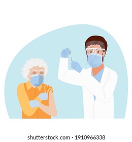 Doctor in clinic giving coronavirus vaccine to an elderly woman, conceptual illustration for immunity health. Adult immunization, covid vaccine. Flat illustration isolated on white background