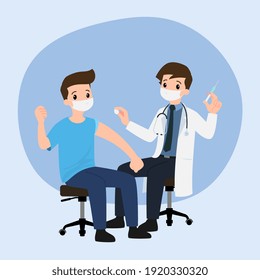 A doctor in a clinic giving a Coronavirus vaccine to a man. Vaccination concept for immunity health. Virus prevention to medical treatment, process of immunization against covid-19 for people.