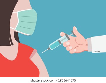 Doctor in a clinic giving a coronavirus vaccine to a woman with face mask.concept illustration for immunity health. Immunization of adults, covid vaccine.Vector illustration.