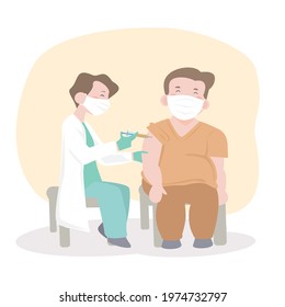 Doctor in clinic giving coronavirus vaccine to fat people.young man and doctor woman.Time to vaccinate.vaccination of the high risk people.prevention COVID-19.flat design vector illustion.