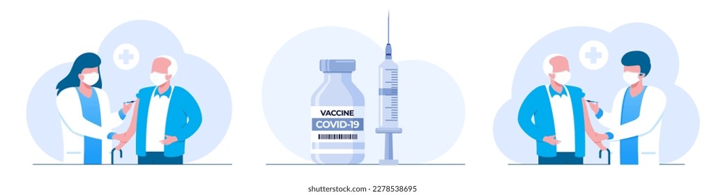 A doctor in a clinic giving a coronavirus vaccine to an elderly man, concept illustration for immunity health. Immunization of adults, covid vaccine. Flat illustration isolated on white background