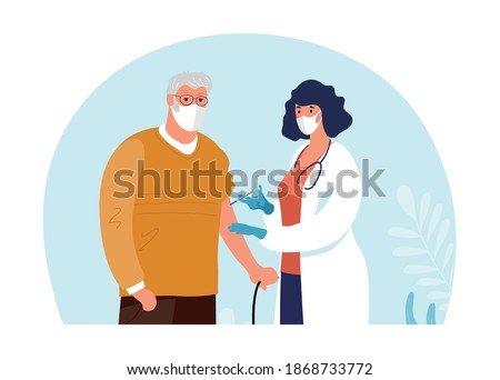 A doctor in a clinic giving a coronavirus vaccine to an elderly man, concept illustration for immunity health. Immunization of adults, covid vaccine. Flat illustration isolated on white background