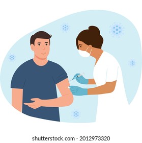 A doctor in a clinic giving a  vaccine to a man. Vaccination adult concept. Immunization of adults, covid vaccine. Happy patient.Flat vector llustration.