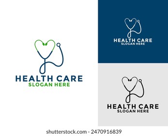 Icono del logotipo del médico o de la clínica, logotipo del estetoscopio, atención médica con forma de corazón y Vector de diseño médico