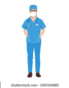 doctor from clinic in mask and uniform, surgeon, medical staff, man, isolated vector character