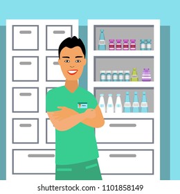 Doctor in the clinic. A smiling man. Medical profession. Cabinet with cabinets. Shelves with bottles and boxes in the closet. Vector illustration.

