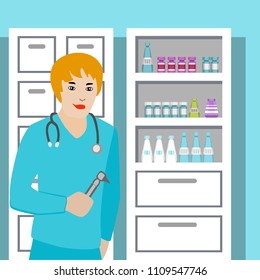Doctor in the clinic. A smiling man. Medical profession. Cabinet with cabinets. Shelves with bottles and boxes in the closet. Vector illustration.

