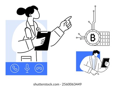 A doctor with a clipboard appears to provide a virtual healthcare consultation while a man uses a tablet. Ideal for telemedicine, digital health, blockchain in healthcare, technology integration