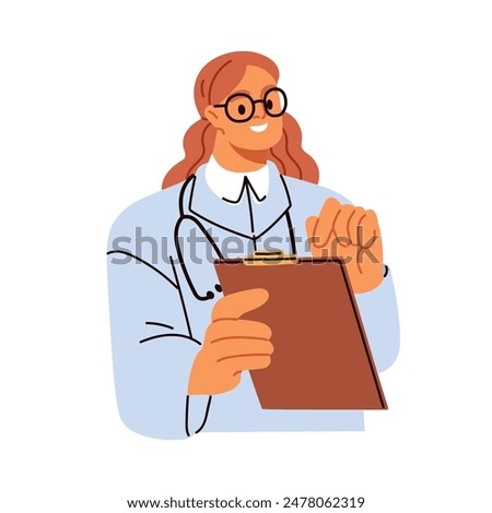 Doctor with clipboard during health consultation. Happy practitioner, physician consulting on medical checkup, prescriptions, showing documents. Flat vector illustration isolated on white background