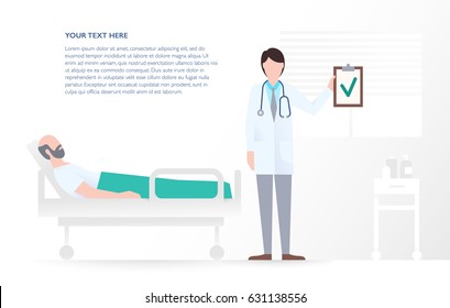 Doctor With A Clipboard With A Green Check Mark And A Patient In A Hospital Bed. The Process Of Medical Treatment And Inpatient Rehabilitation. Vector Flat Illustration With A Place For Text