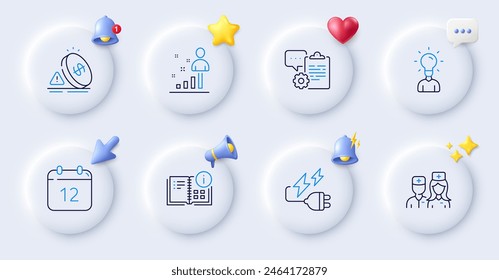 Doctor, Clipboard and Inflation line icons. Buttons with 3d bell, chat speech, cursor. Pack of Annual calendar, Instruction info, Electricity plug icon. Stats, Education pictogram. Vector