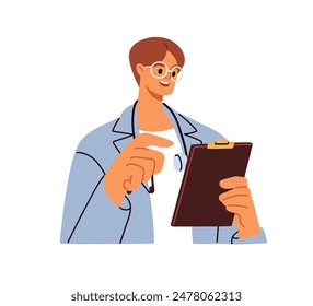 Doctor with clipboard, medical document in hands. Health professional, general practitioner, therapist prescribing. Physician counseling. Flat vector illustration isolated on white background