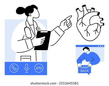 A doctor with a clipboard points towards a heart diagram, accompanied by icons for communication. A person holding a cash back sign is also seen. Ideal for healthcare, medical services, financial