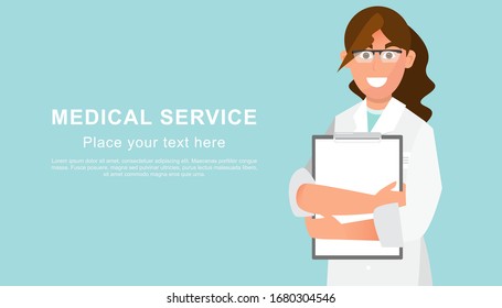 El doctor cierra con espacio para copiar el texto. Antecedentes médicos. Carácter plano de ilustración del vector