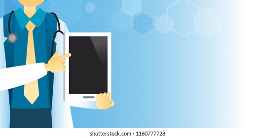 The doctor close up and present smartphone tablet on medical blue abstract background. Vector illustration
