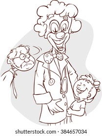 Doctor with clown face holding a child isolated in white