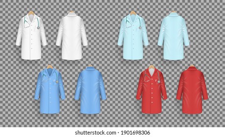 Doctor Coat In Different Colors On Hanger. Lab Uniform. Color Doctor Medical Laboratory Clothes. EPS10 Vector