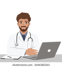 Doctor in a coat with a stethoscope around his neck is sitting at a desk, working on a laptop. Flat Vector character illustration