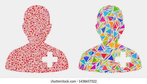 Doctor collage icon of triangle items which have variable sizes and shapes and colors. Geometric abstract vector design concept of doctor.