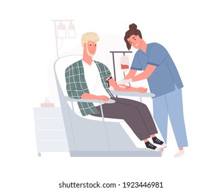 Doctor collecting blood from volunteer sitting in chair in modern medical center. Donor during donating procedure in hospital. Colored flat cartoon vector illustration isolated on white background