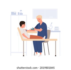 Doctor Collecting And Drawing Venous Blood From Child Vein For Lab Test. Nurse Doing Intravenous Sampling From Kid For Medical Health Analysis. Flat Vector Illustration Isolated On White Background