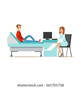 Doctor Collecting Medical History Of A Patient With Computer, Hospital And Healthcare Illustration