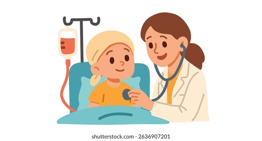 doctor comforting a little patient,  care and support in an oncology clinic