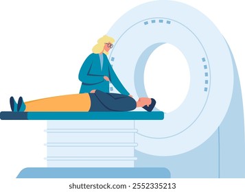 Doctor comforts a patient before an mri scan in a modern hospital lab, using advanced technology for diagnosis and treatment