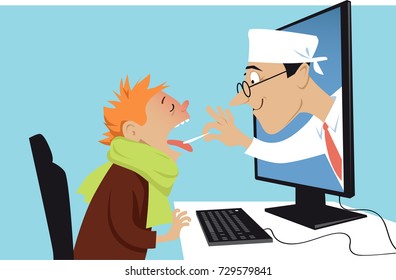 A doctor coming out of a computer and examining a sick boy, EPS 8 vector illustration