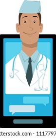 Doctor coming out of a smart-phone screen, chatting with a patient, EPS 8 vector illustration