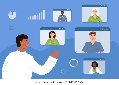 The doctor communicates with his colleagues online. Medical videoconference, consultation and training of healthcare employees.