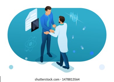 Doctor communicates with the patient. Health care concept. 3d isometric. Concept for web design