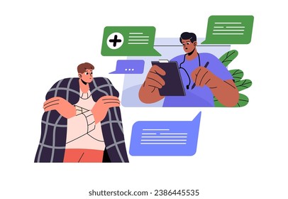 El doctor se comunica con un paciente enfermo por chat, mensajero. GP prescribe medicina, remedio en internet. Salud, servicios de salud en línea. Ilustración vectorial aislada plana sobre fondo blanco