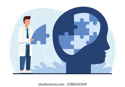 Doctor completing human head or brain silhouette with puzzle piece. Mental health, psychology and therapy concept. Minimalist silhouette scene. Hand drawn cartoon character. Flat vector illustration