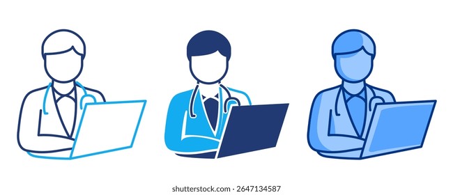 Doctor and computer icon represented by laptop, docter Blue, Dualline, Dualtone style.