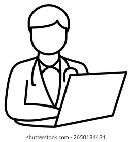 Doctor and computer icon represented by laptop, docter Line style.