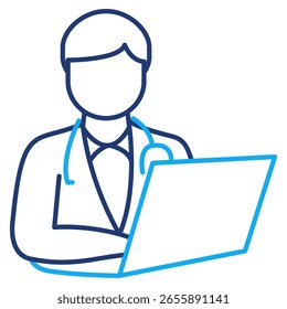 Doutor e ícone de computador representado por laptop, docter Dual Line estilo.