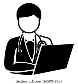 Doctor and computer icon represented by laptop, docter Black Filled style.