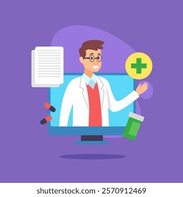 Doctor in computer monitor vector illustration. Cartoon drawing of computer, pills, capsules and medical documents. Modern medicine, telemedicine, online consultation and healthcare concept