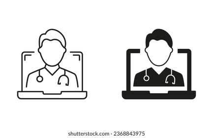 Doctor en informática, colección de pictogramas de medicina en línea. Línea de Medicina Digital en Línea y conjunto de iconos de silueta. Telemedicina, Signo del Servicio de Medicina Virtual. Ilustración de vectores aislados.