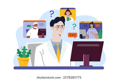 Doctor at computer with online video calls featuring patients and colleagues. Modern flat vector style, white background. Concept of telemedicine. Vector illustration