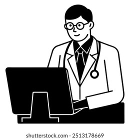 Doctor at the computer silhouette vector illustration. 